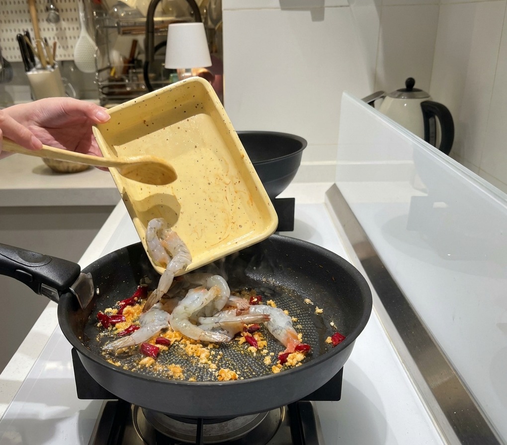 Crevettes grises crues et décortiquées versées dun plateau jaune dans une poêle avec lail et les piments.