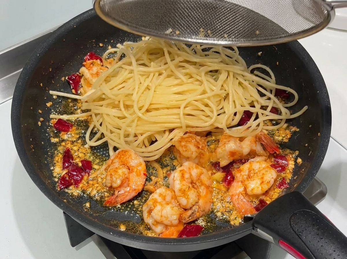 Spaghettis cuits transférés dune écumoire vers une poêle contenant les crevettes, lail et les piments.