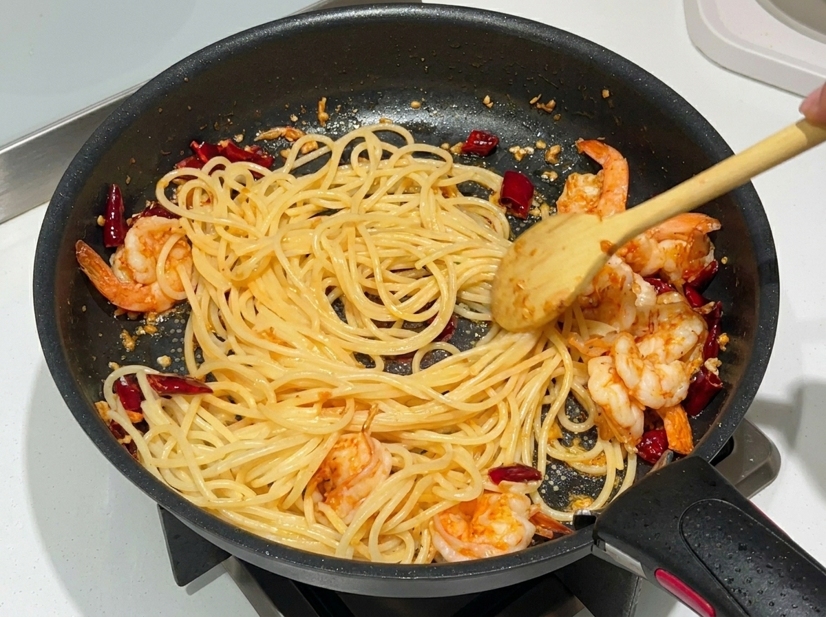 Mélange des spaghettis et des crevettes dans une poêle avec une cuillère en bois pour bien enrober les pâtes.