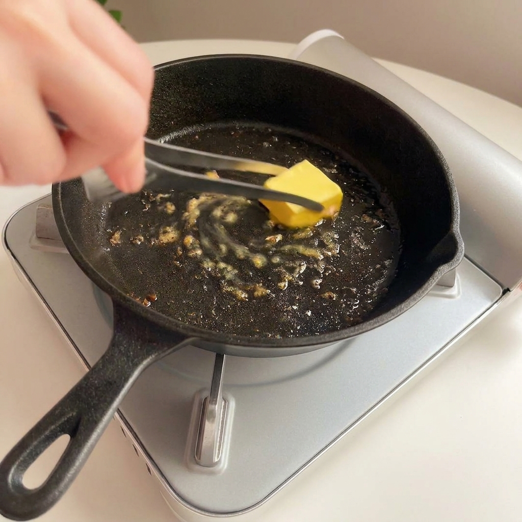 Une main utilisant une pince pour déposer une noisette de beurre dans une poêle en fonte chaude.
