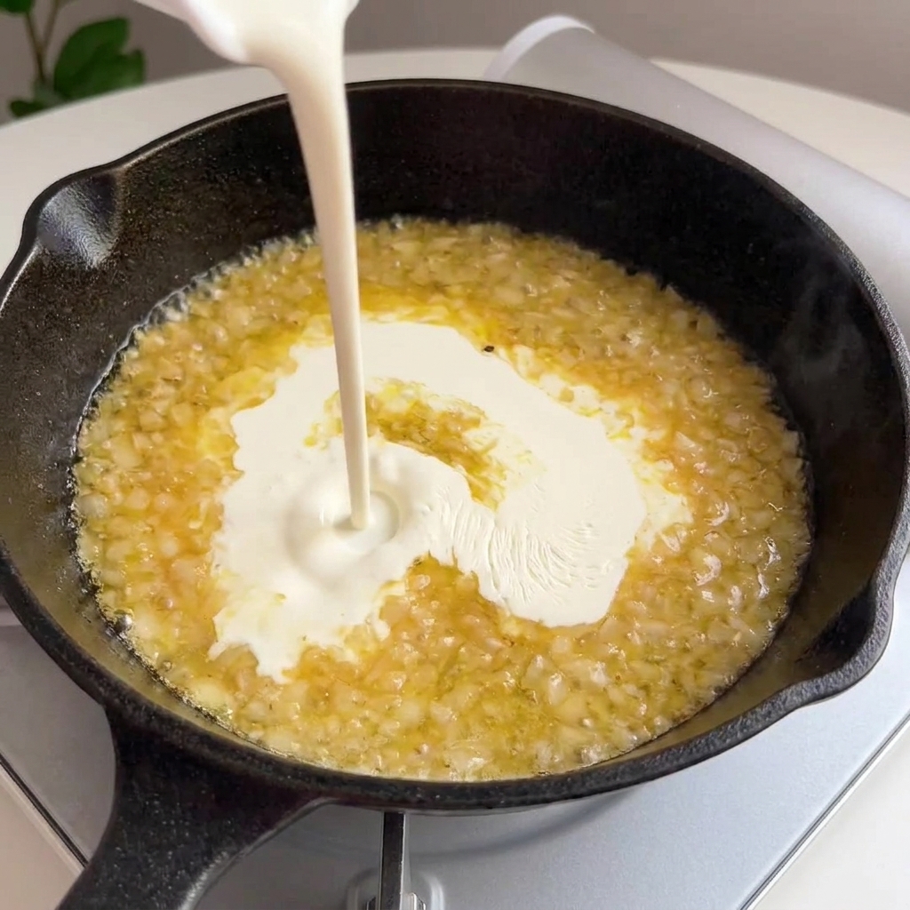 Crème liquide épaisse versée dans une réduction de vin et dail bouillonnante dans une poêle.