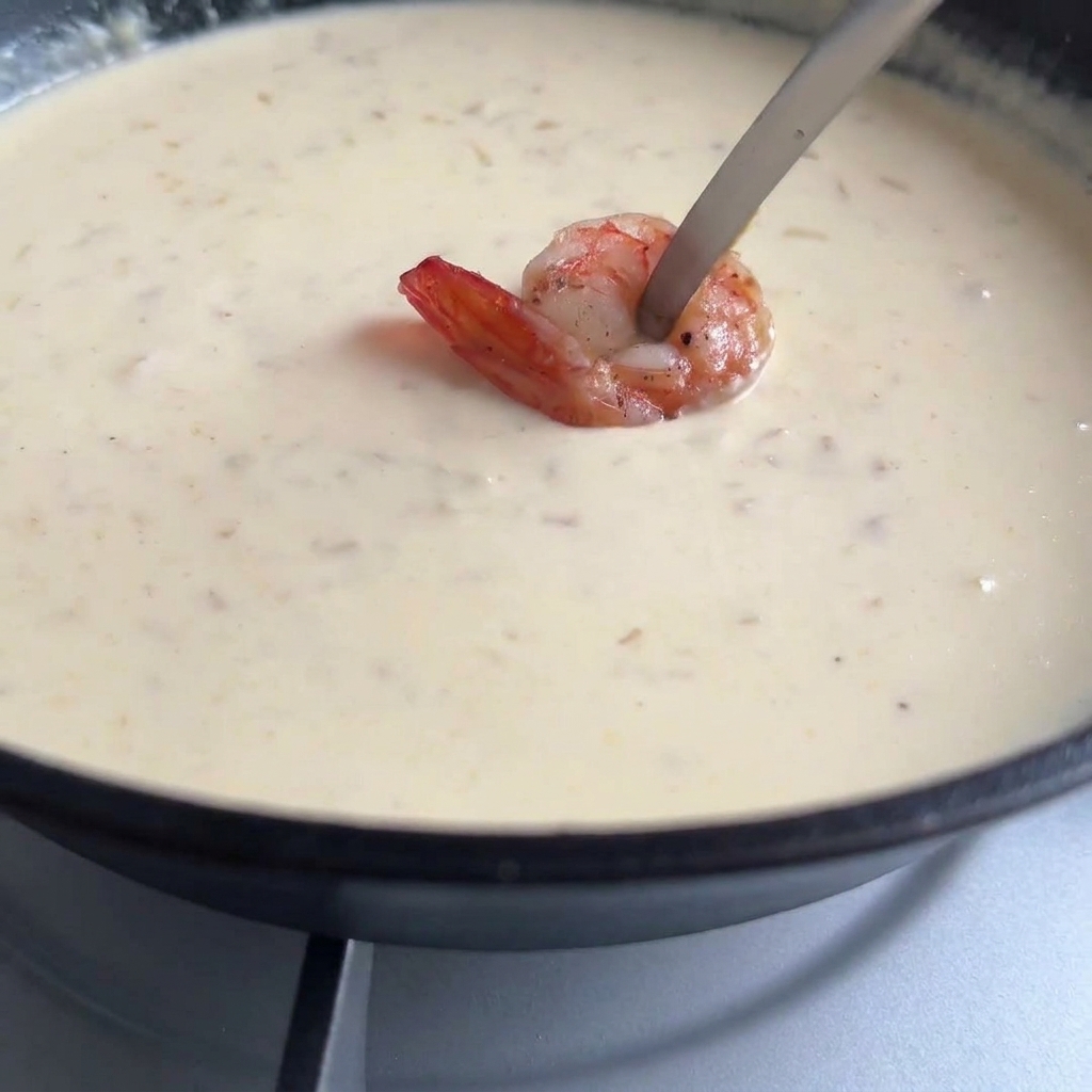 Pince déposant une crevette rose cuite dans une poêle de sauce crémeuse lisse et frémissante.