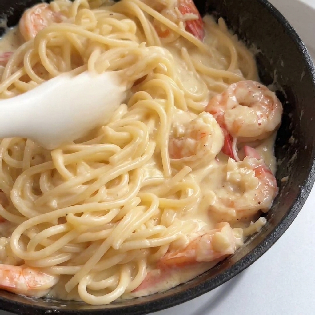 Mélange de spaghetti et de crevettes roses dans une sauce crémeuse à lail à laide de pinces en silicone blanches.