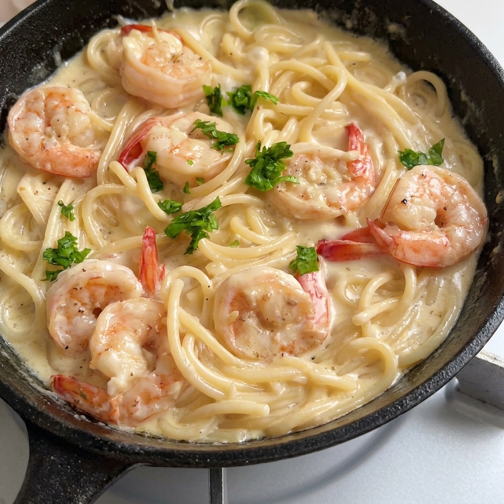 Pâtes crémeuses aux crevettes terminées dans une poêle sombre, joliment garnies de persil vert frais haché.