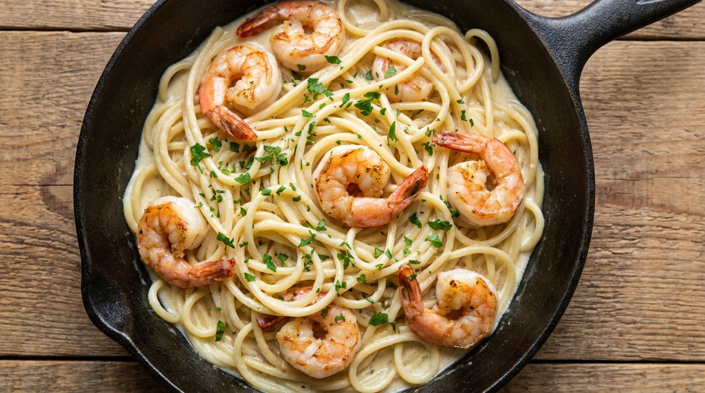 Spaghetti crémeux aux crevettes, ail et vin blanc