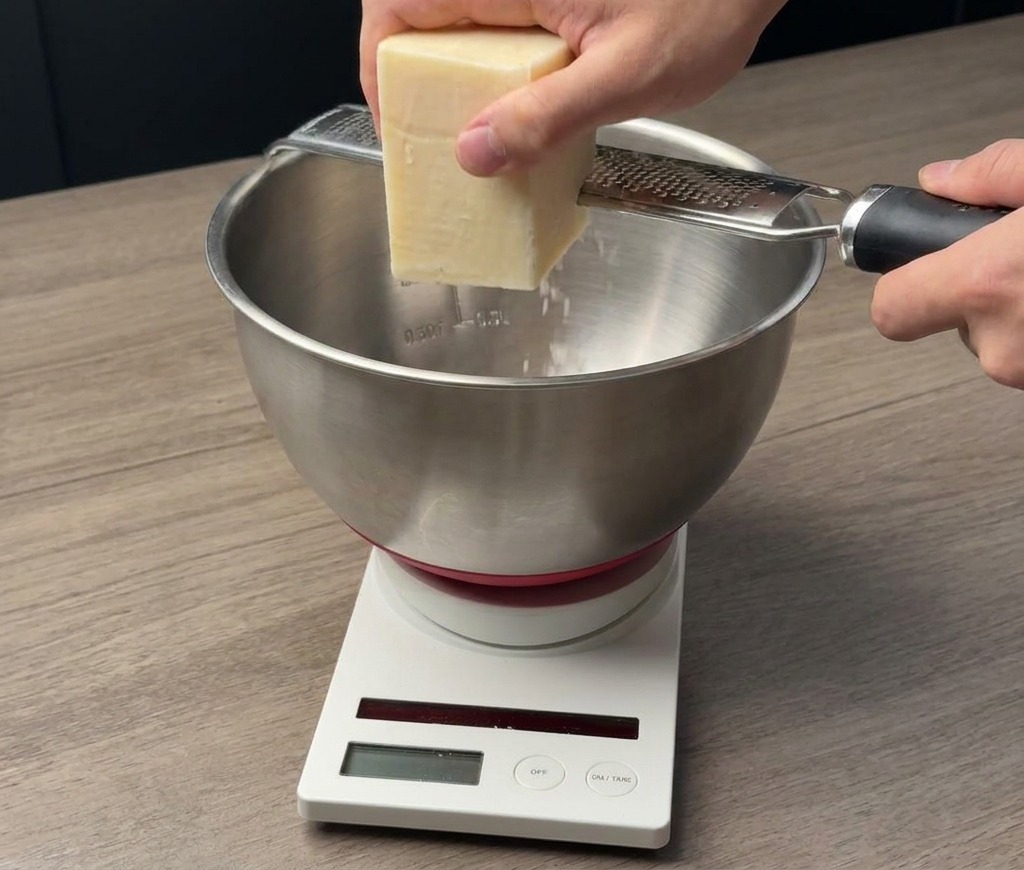 Une main tenant un bloc de fromage et le râpant sur une râpe métallique au-dessus dun bol en inox posé sur une balance numérique.