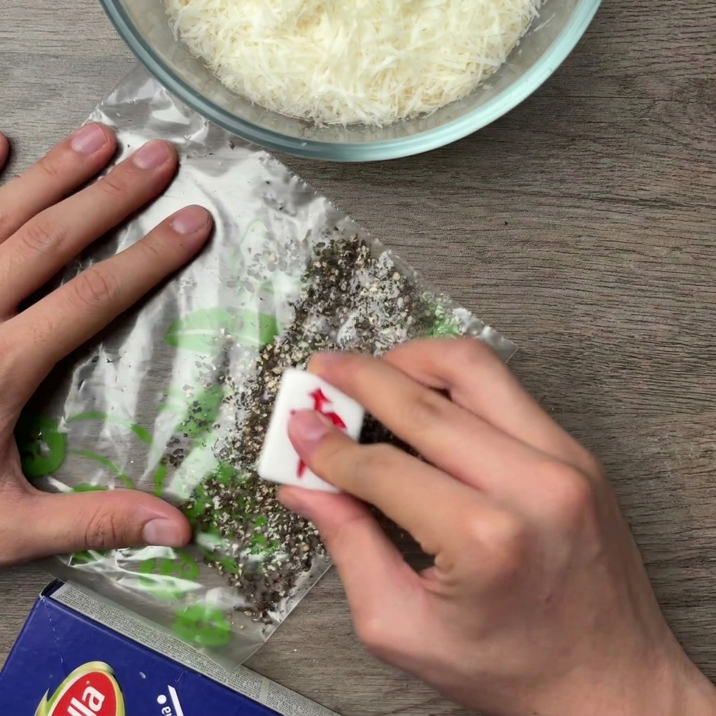 Des mains appuyant sur un outil de cuisine lourd pour écraser des grains de poivre noir dans un sac de congélation transparent.