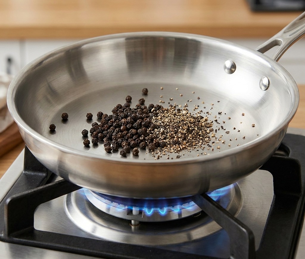 Grains de poivre noir concassés torréfiant dans une poêle en inox sèche sur une flamme de gaz bleue.