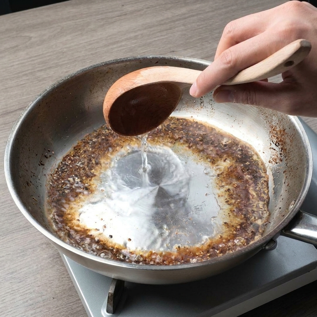Une main utilisant une louche en bois pour verser de leau chaude dans une poêle où crépite le poivre noir torréfié.