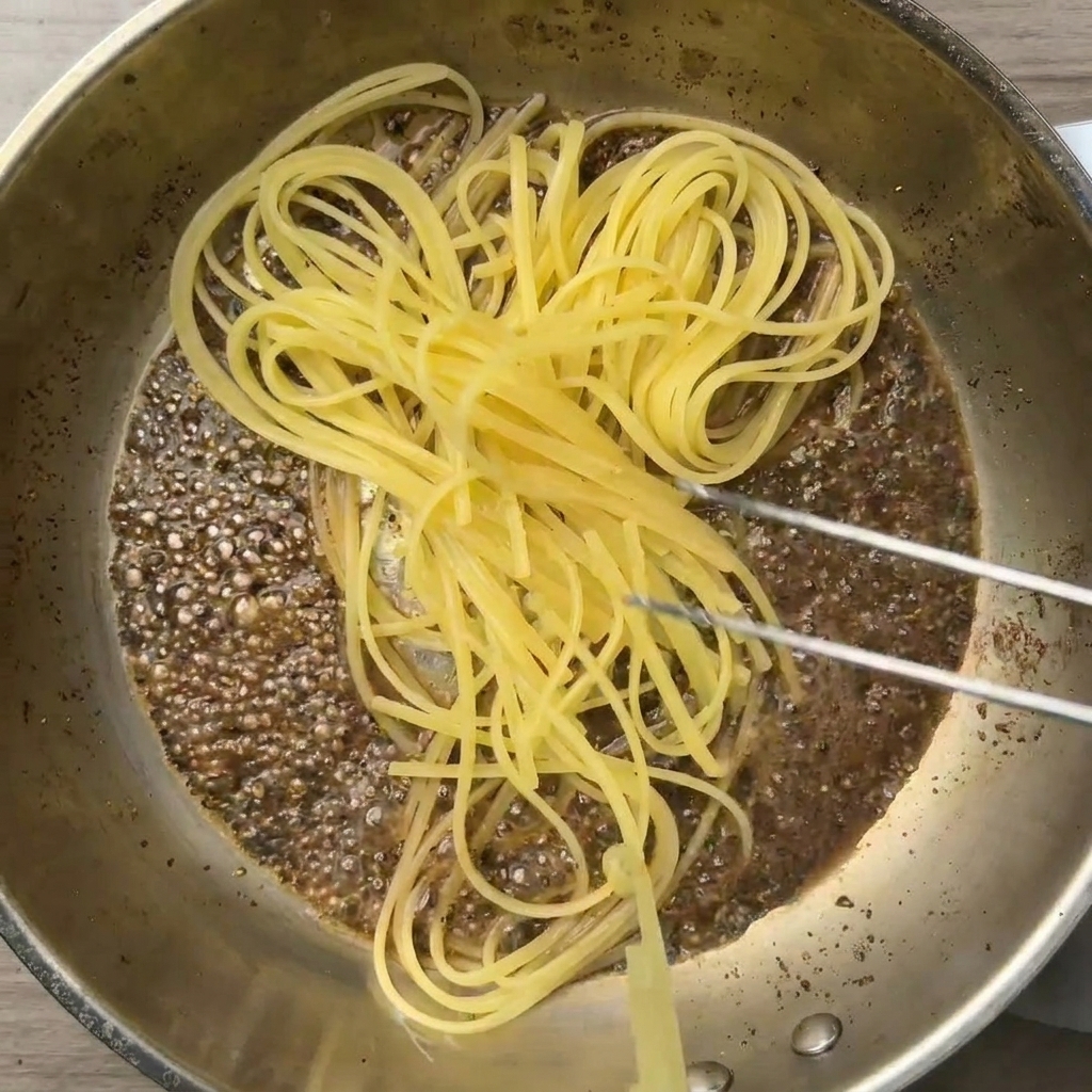 Une pince métallique déposant des spaghetti partiellement cuits dans une poêle en inox remplie deau infusée au poivre noir.