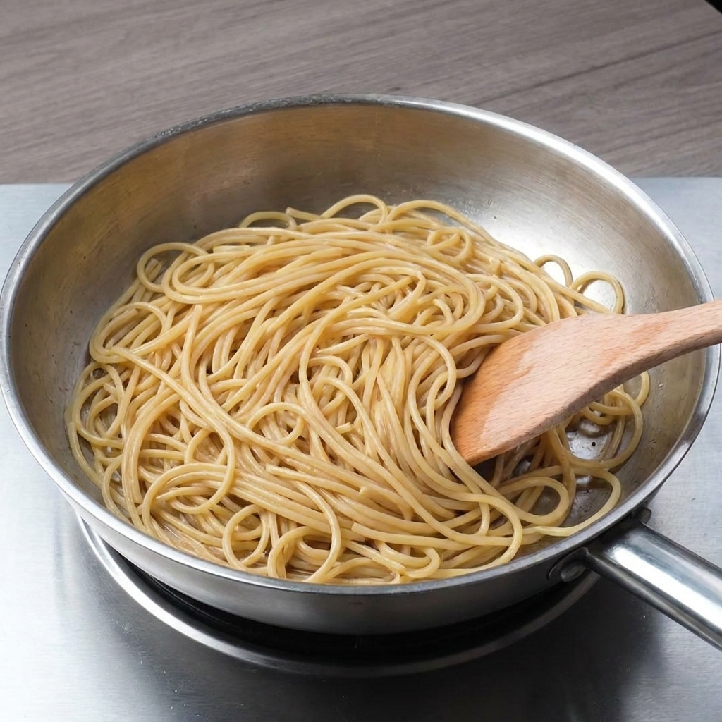 Spaghetti activement remués et mélangés dans une poêle en inox avec une spatule en bois.