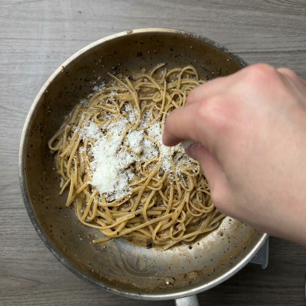 Une main saupoudrant généreusement du fromage fraîchement râpé sur des pâtes chaudes parsemées de poivre dans une poêle métallique.