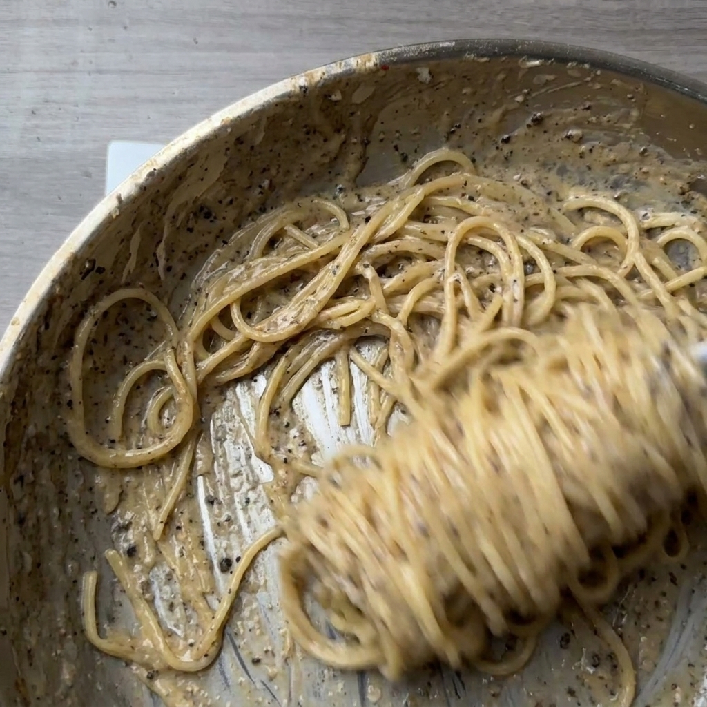 Spaghetti vigoureusement mélangés dans une poêle métallique, enrobés dune sauce au fromage épaisse et crémeuse parsemée de poivre noir.