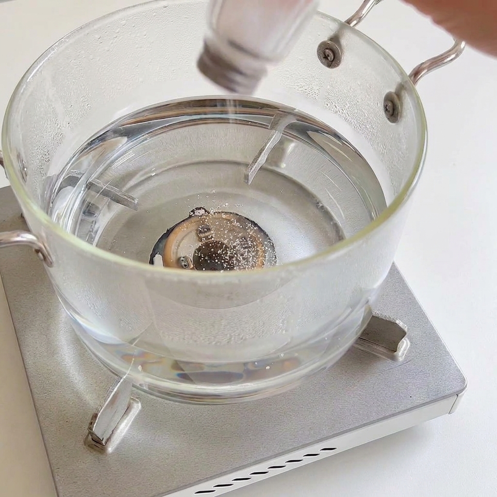 Une salière versant du sel dans une casserole en verre deau bouillante sur une cuisinière.