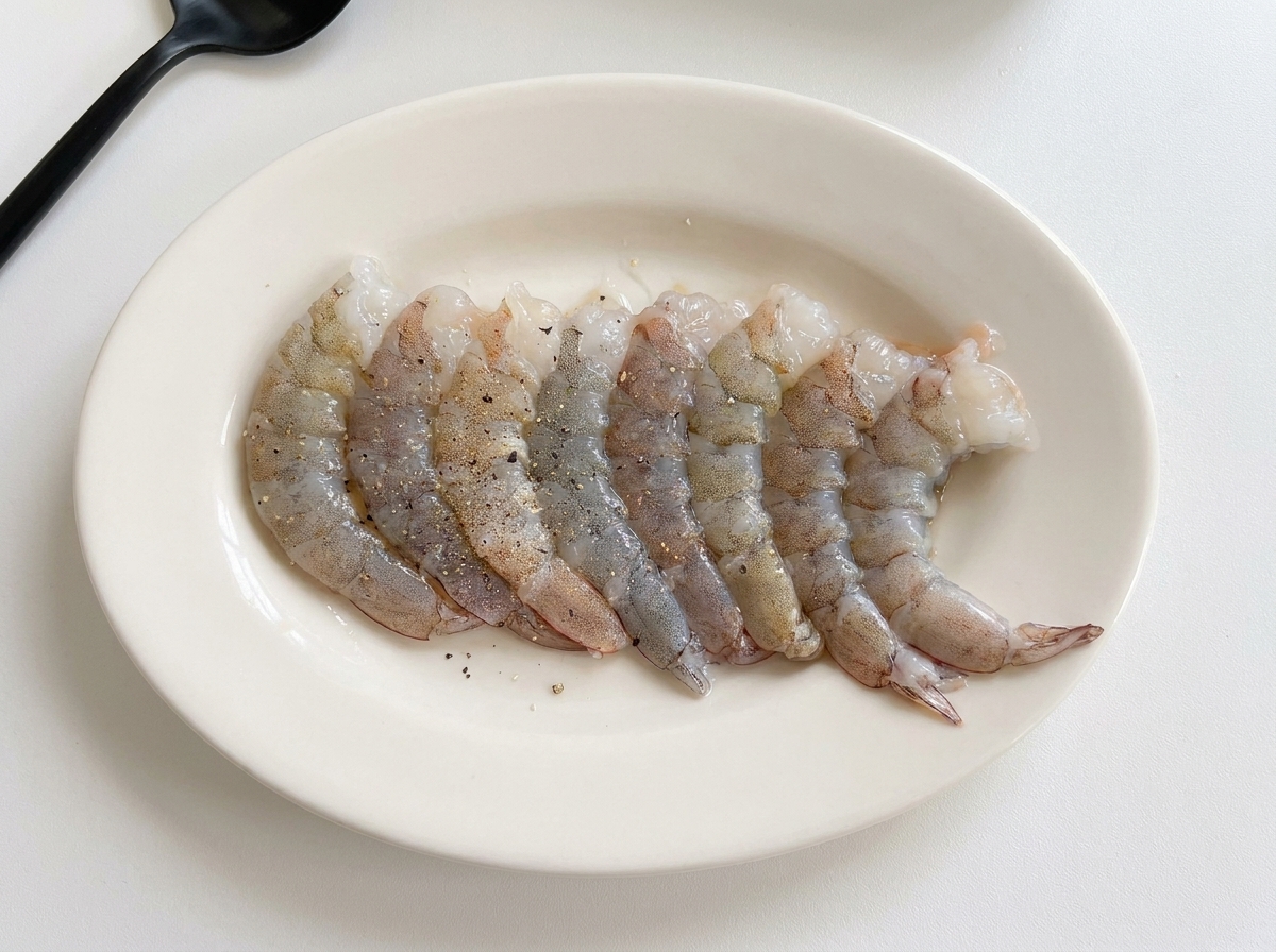 Des crevettes grises décortiquées disposées sur une assiette blanche et saupoudrées de poivre.