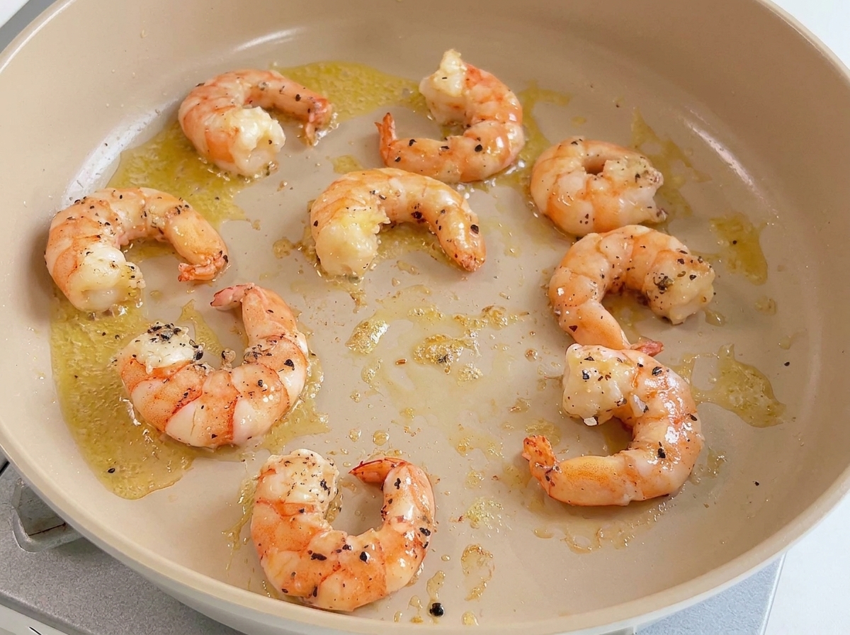 Plusieurs crevettes cuites dans une poêle, devenues roses et opaques.