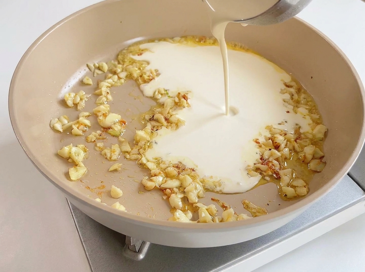 Crème liquide versée dune petite casserole vers une poêle contenant lail doré.