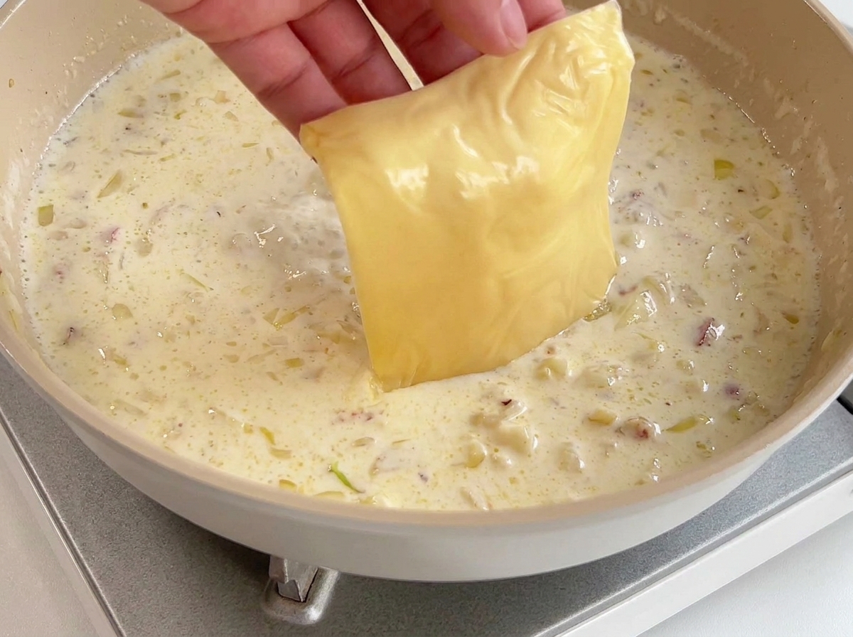 Une main déposant une tranche de fromage jaune dans la sauce à la crème frémissante.
