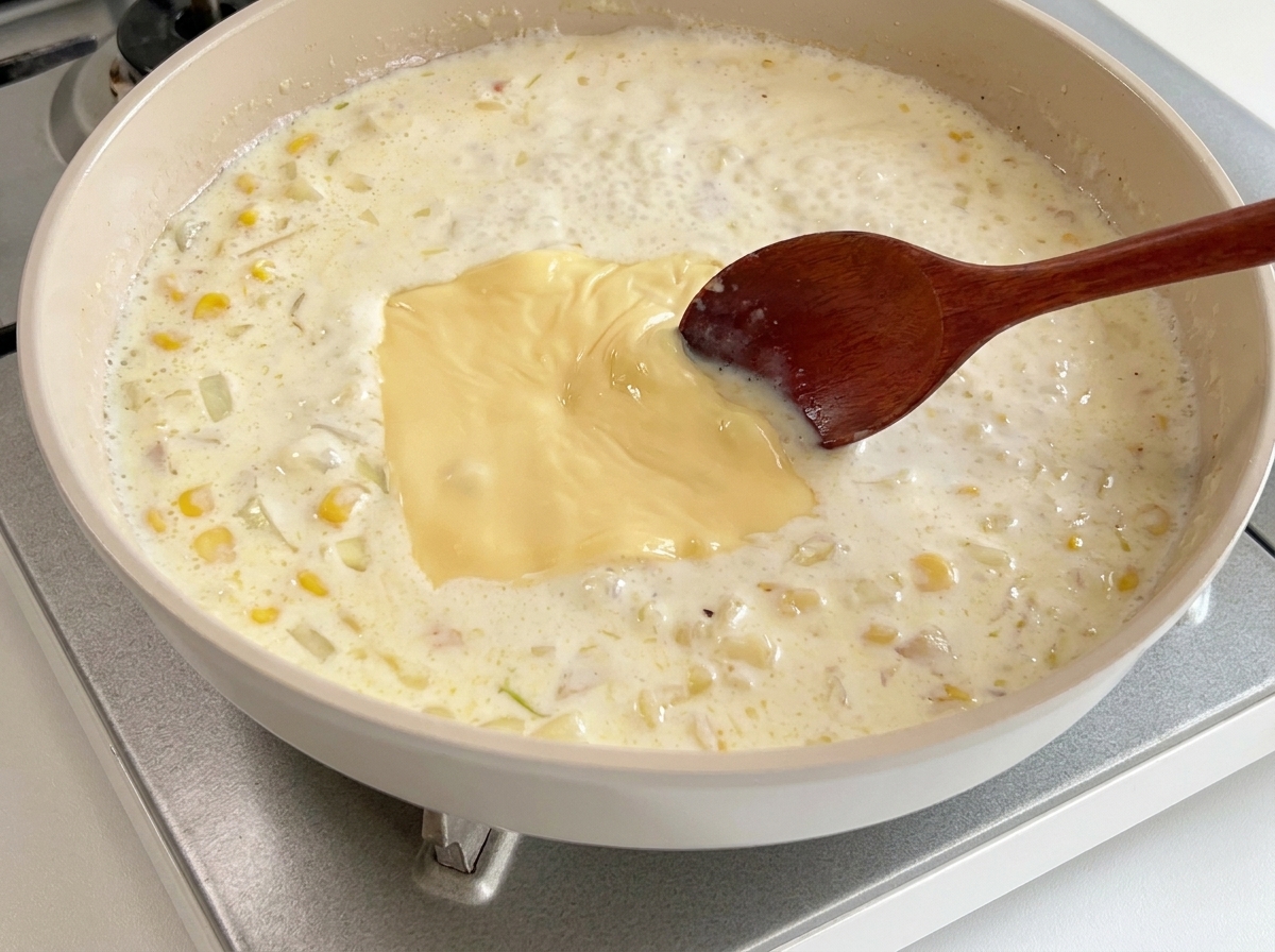 Une cuillère en bois mélangeant le fromage fondant dans la sauce crémeuse.