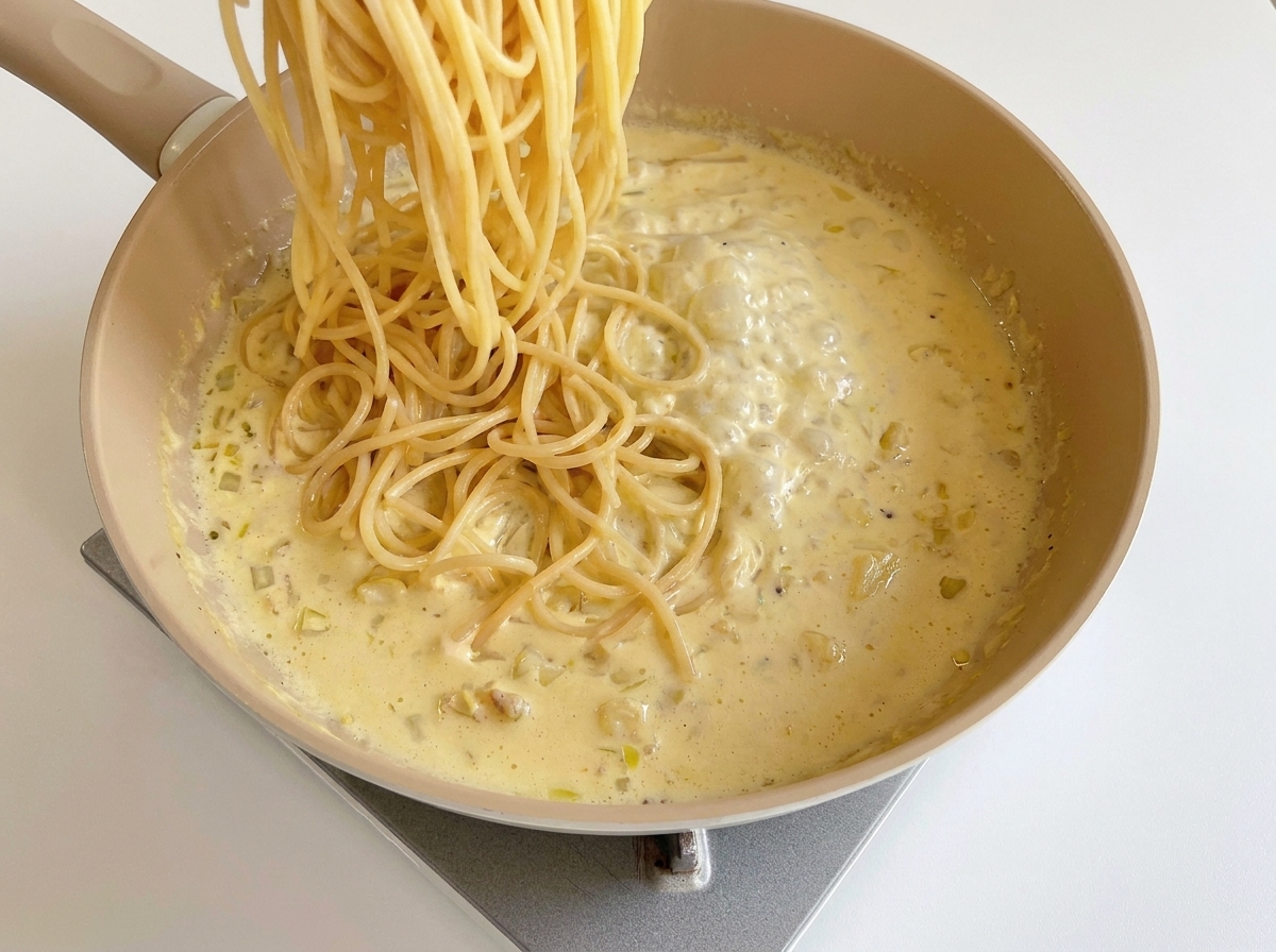 Spaghetti cuits ajoutés dans la poêle contenant la sauce au fromage onctueuse.