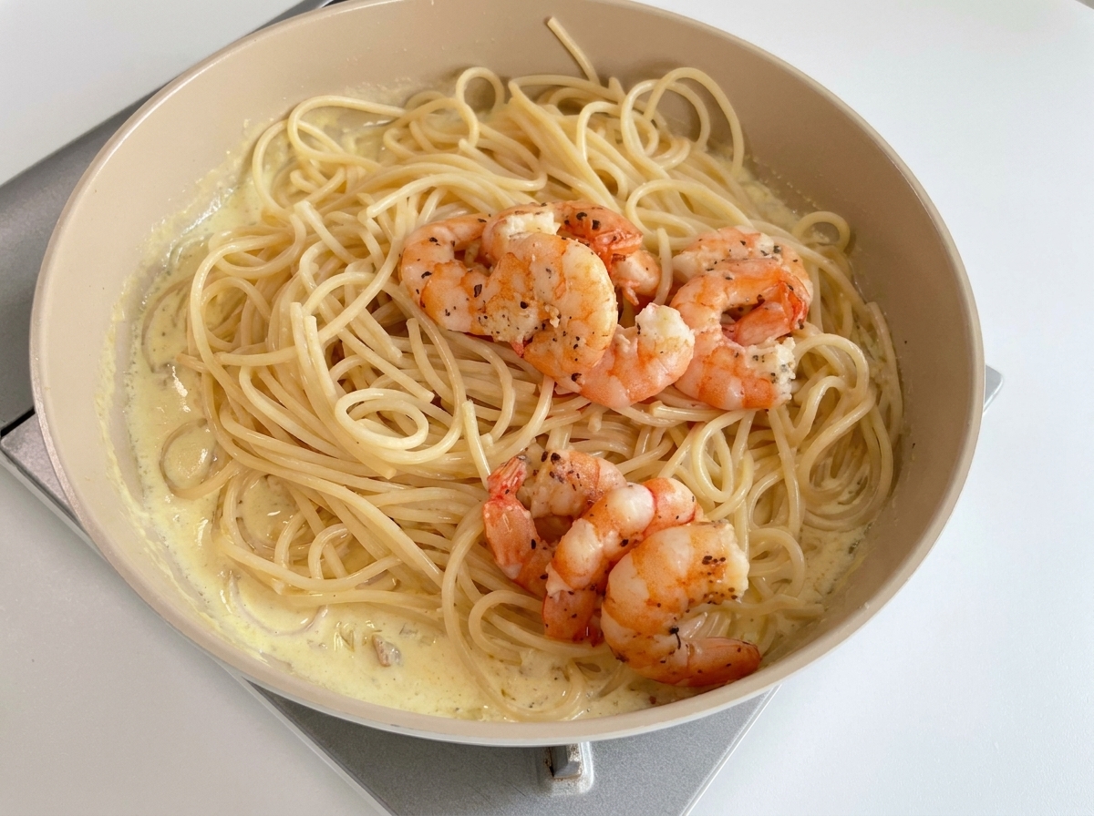 Crevettes saisies déposées sur les spaghetti à la crème dans la poêle.