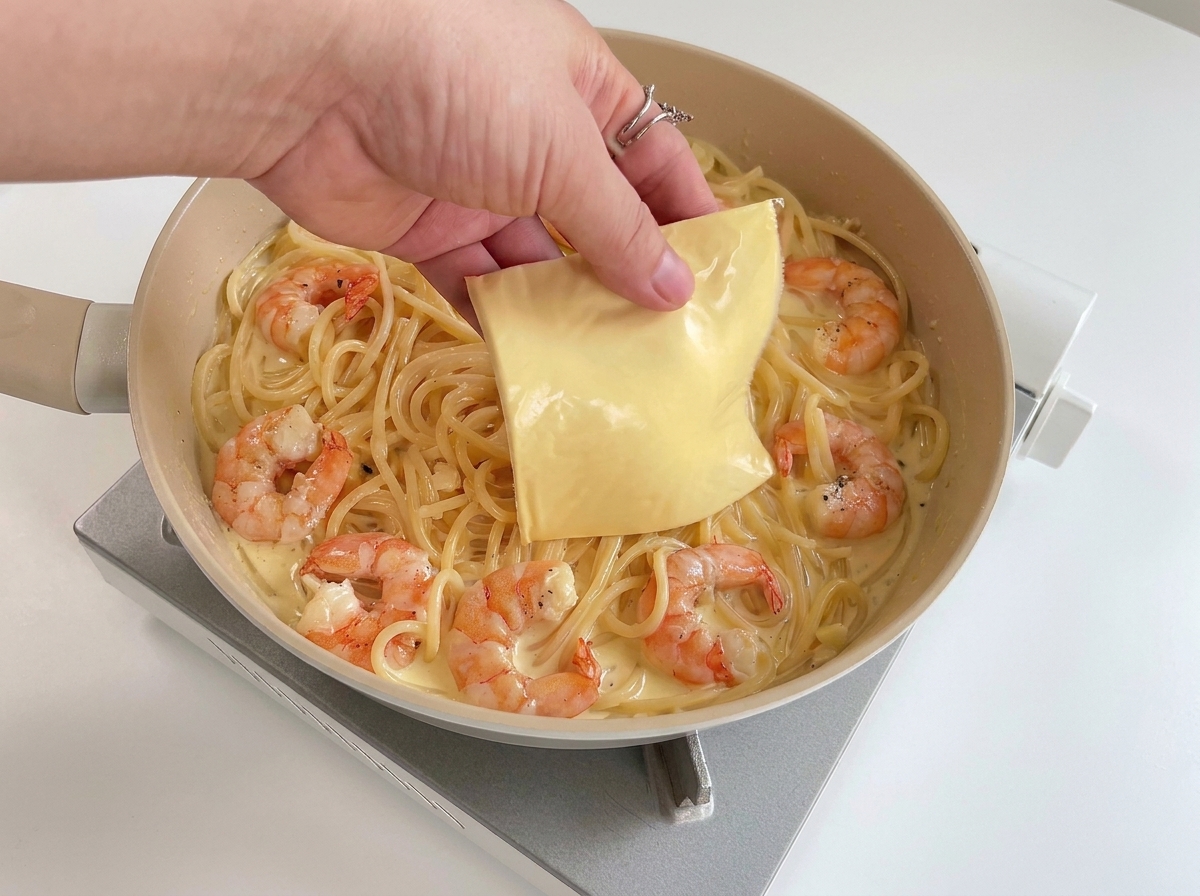 Une main déposant une tranche supplémentaire de fromage sur les pâtes crémeuses aux crevettes.