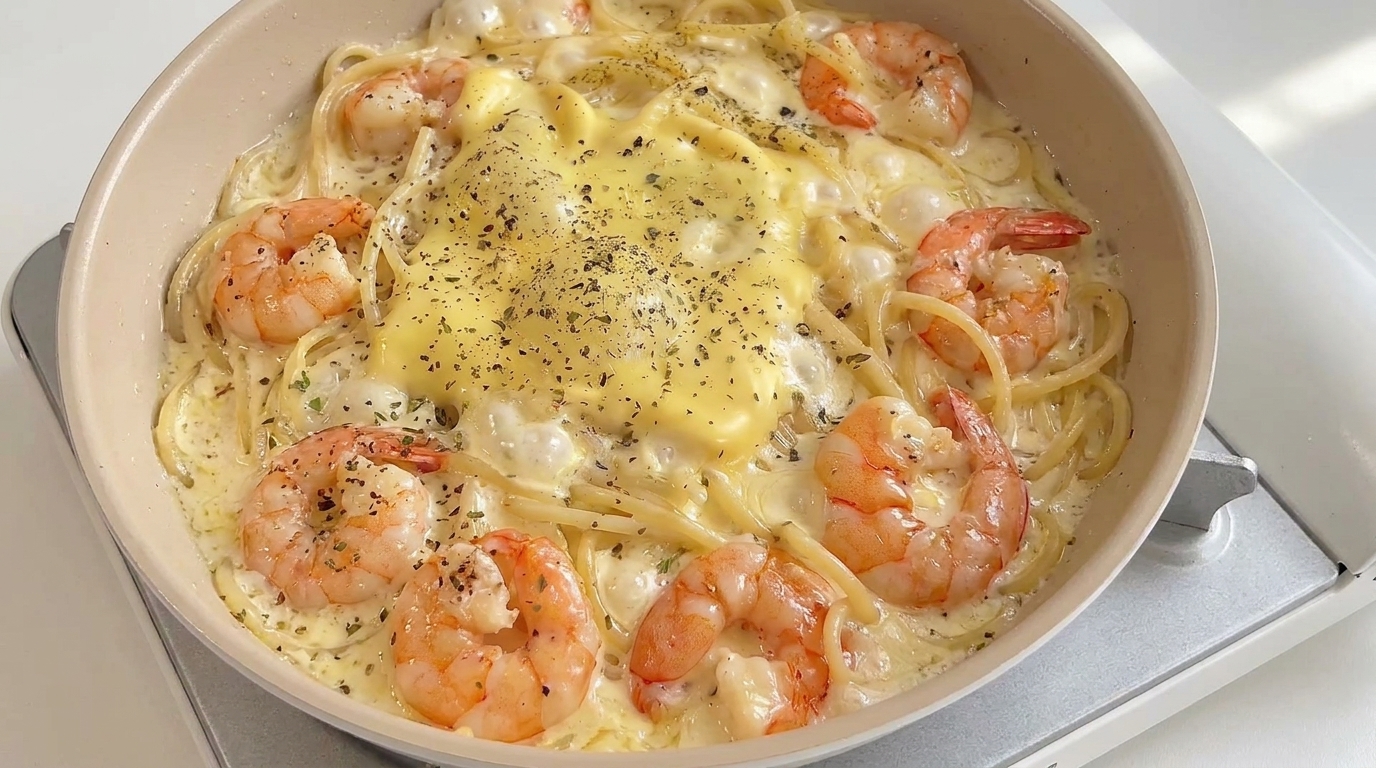 Pâtes crémeuses aux crevettes, beurre à l'ail et fromage fondant