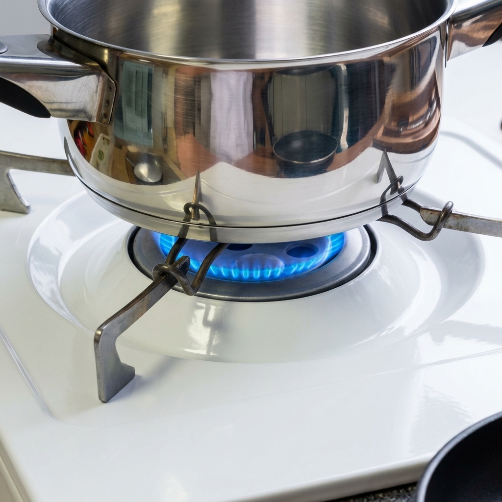 Une petite casserole en inox sur un brûleur à gaz, chauffant des grains de poivre noir.