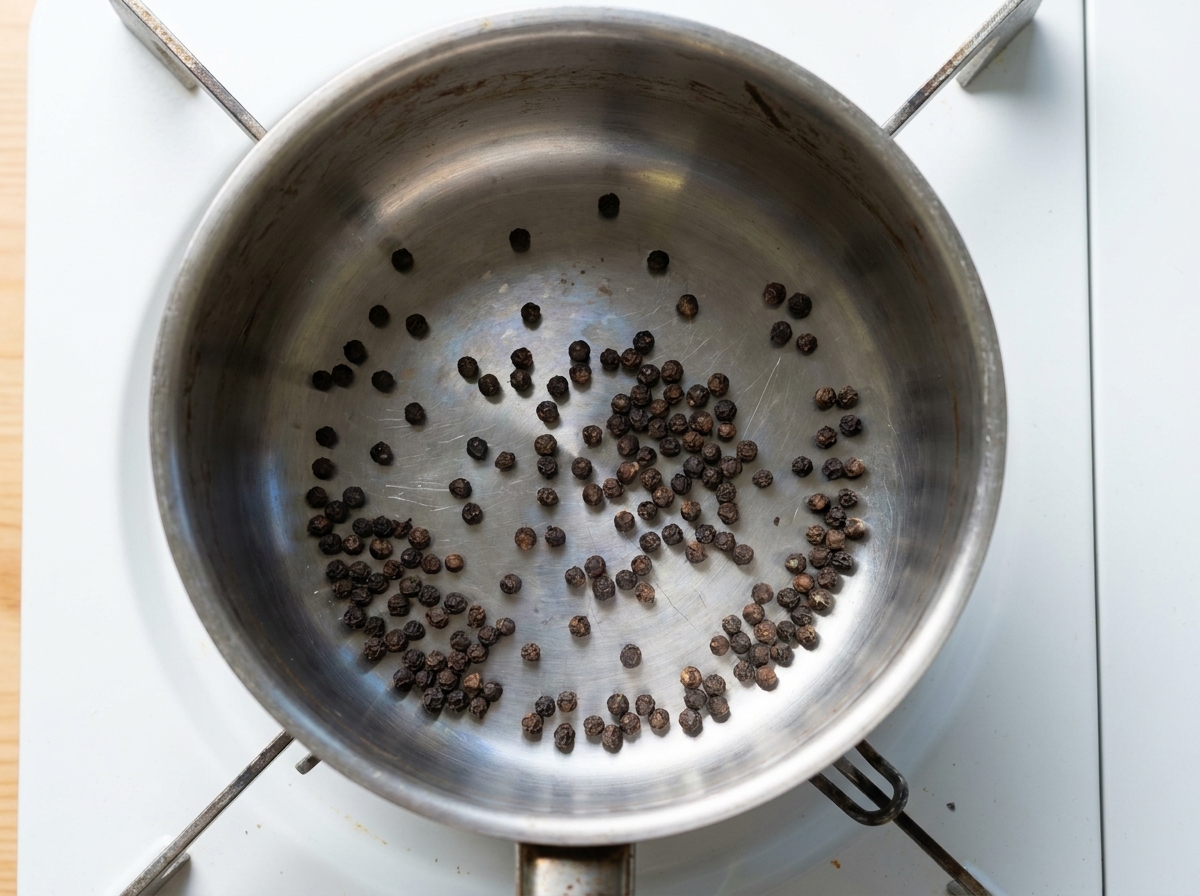 Vue de dessus des grains de poivre noir au fond dune casserole en inox sèche.