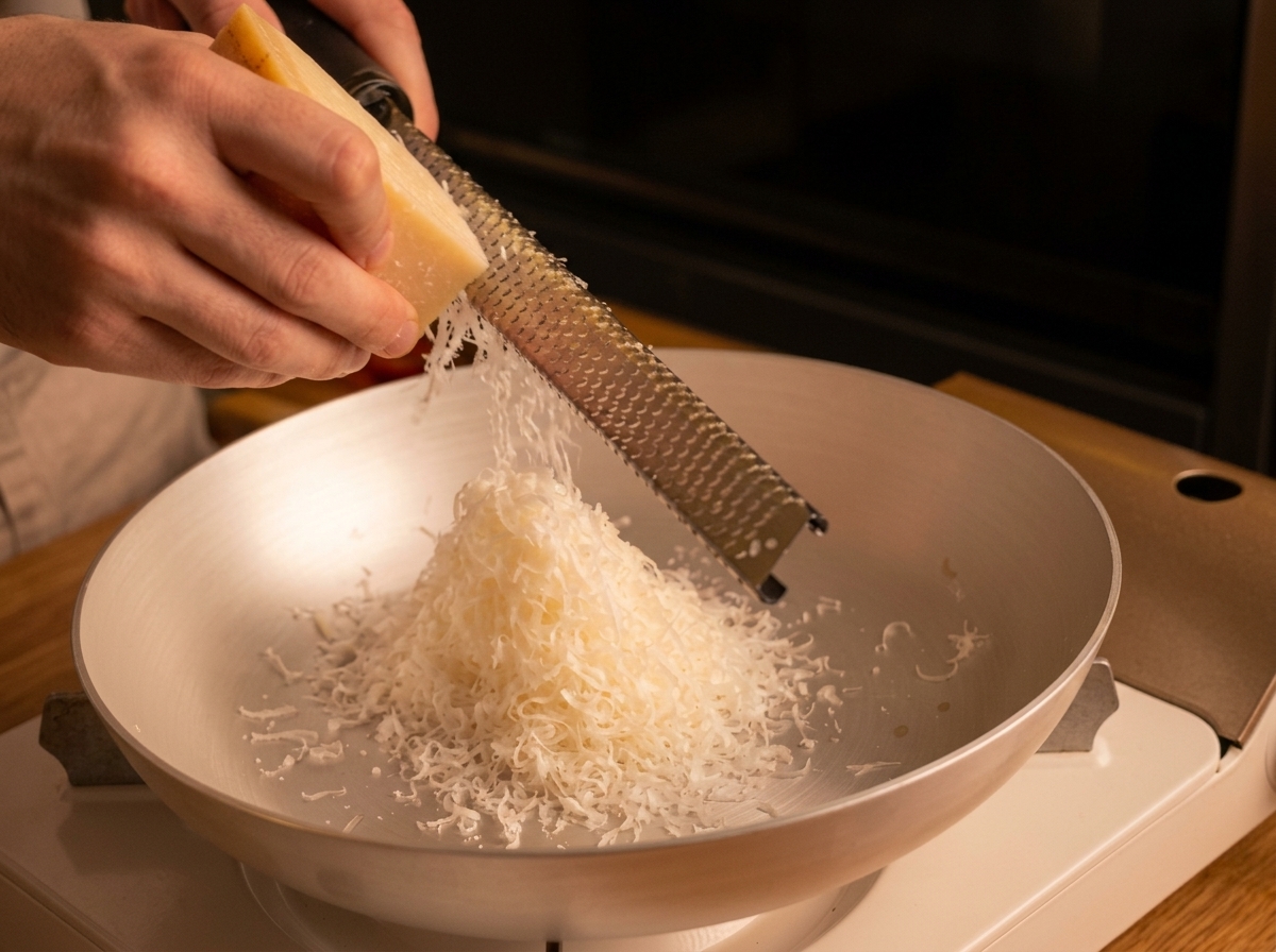 Mains frottant un bloc de Pecorino sur une râpe fine, créant un monticule de fromage léger dans un plat en métal.