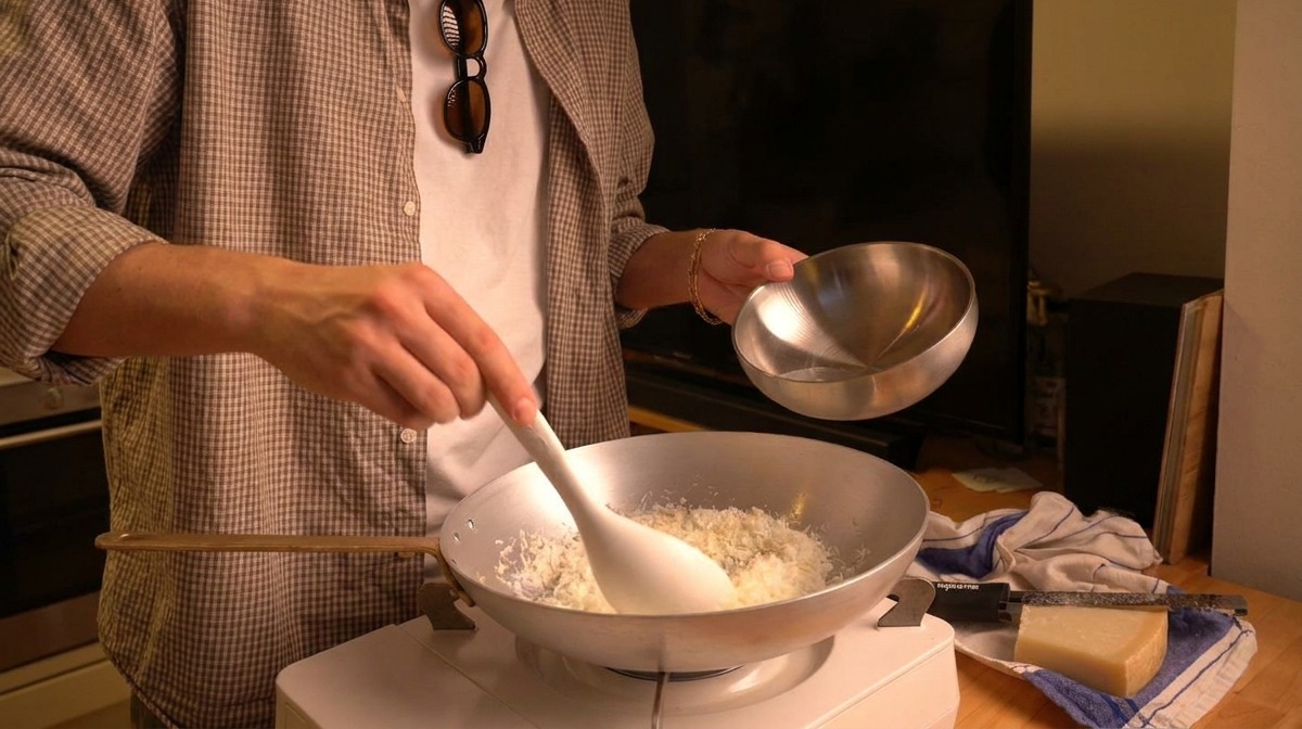 Verser de leau tiède dun petit bol argenté dans une poêle de Pecorino fraîchement râpé.