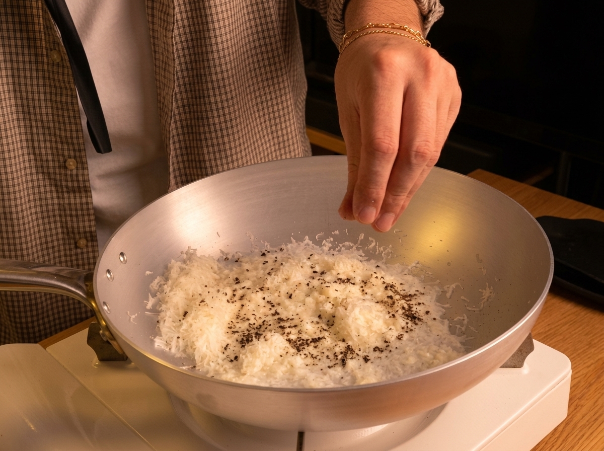 Saupoudrer du poivre noir fraîchement concassé sur le Pecorino humidifié dans la poêle.