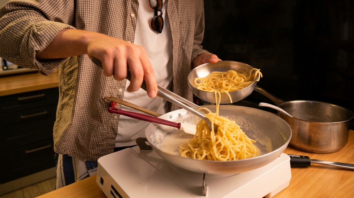 Utiliser des pinces pour transférer des spaghettis chauds directement dans la poêle avec la pâte de fromage.
