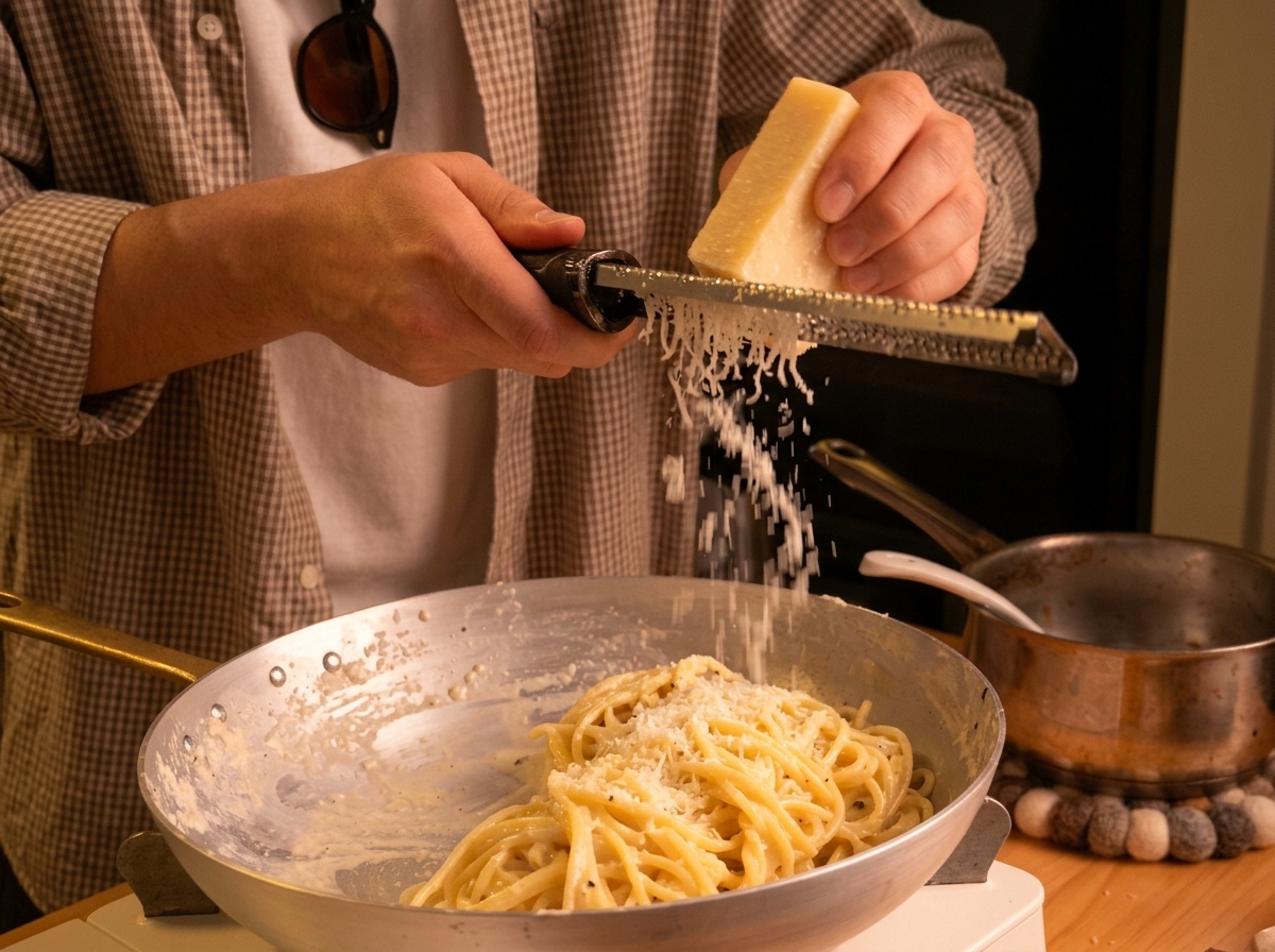 Mains râpant un bloc de Pecorino frais au-dessus dune poêle de spaghettis avec une râpe fine.