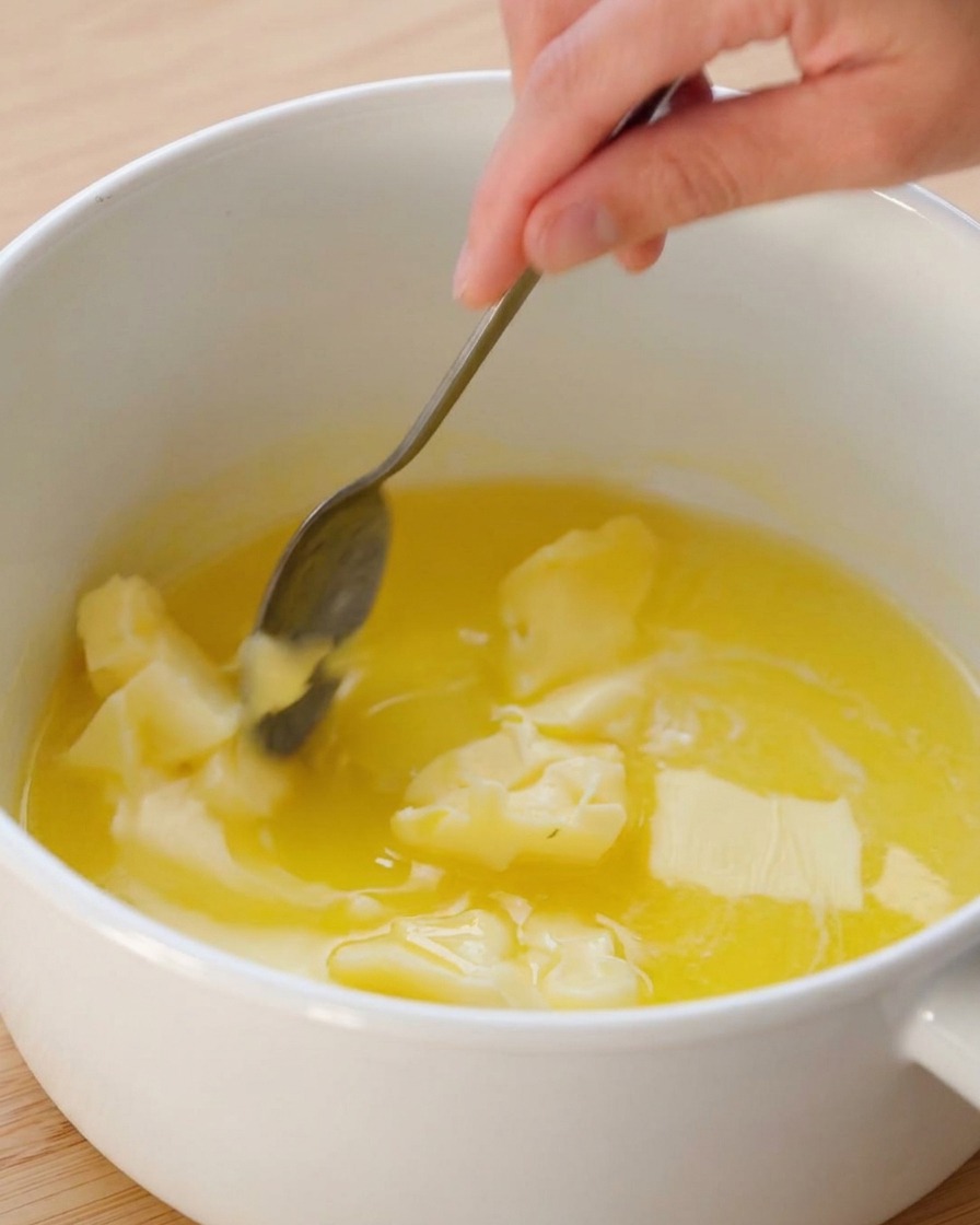 Une main utilisant une cuillère en métal pour remuer des morceaux de beurre fondant dans une casserole blanche.