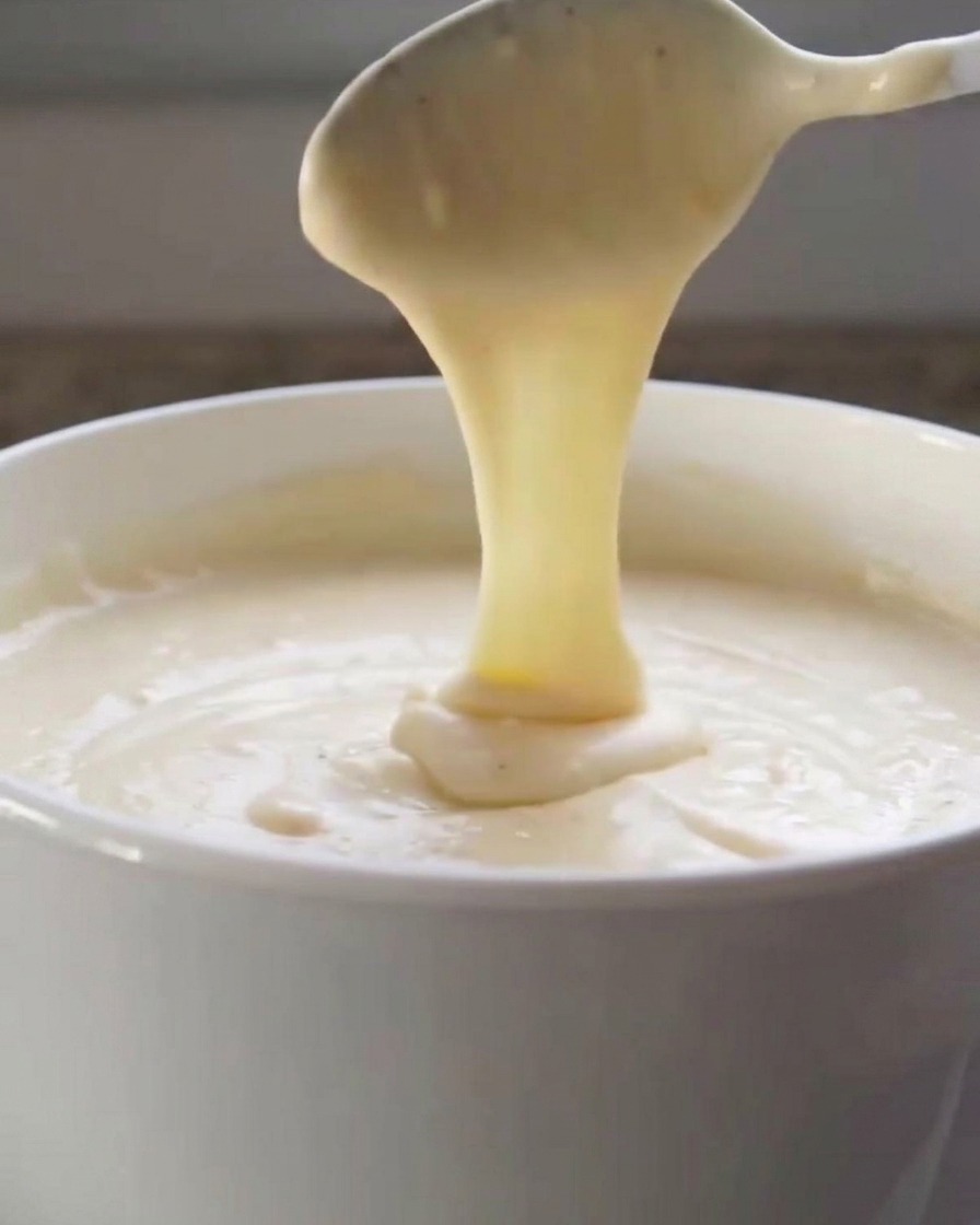 Une cuillère blanche soulevant une sauce au fromage épaisse, brillante et lisse, montrant sa texture crémeuse.