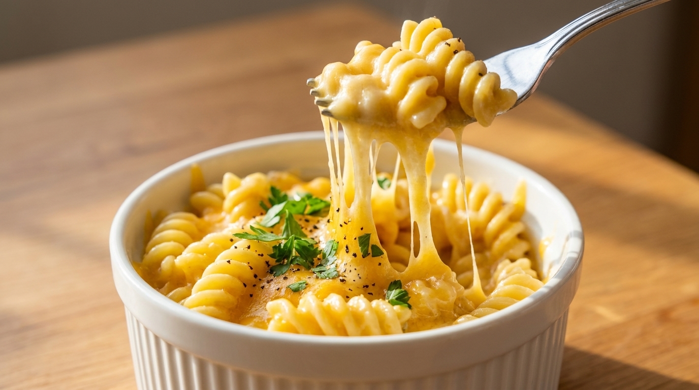 Une généreuse fourchettée de macaronis au fromage maison avec un fil de fromage irrésistible.