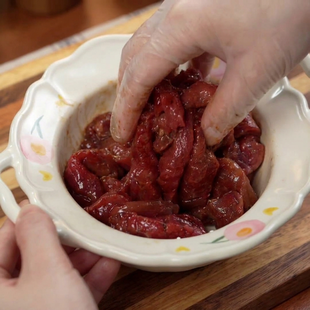 Une main gantée mélangeant des lamelles de bœuf avec une marinade sombre dans un bol blanc aux motifs floraux.