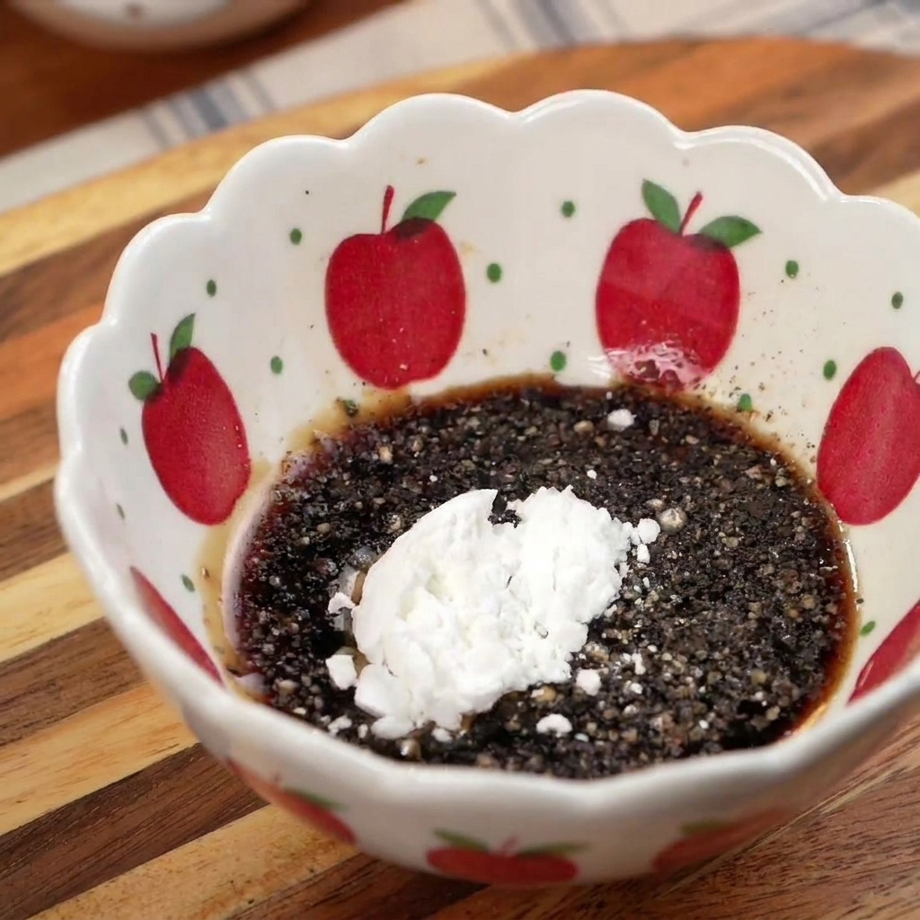Un petit bol contenant un mélange de sauce soja, poivre noir concassé et fécule blanche.
