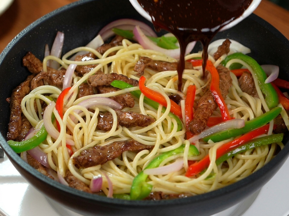Sauce sombre au poivre noir versée sur les spaghetti et le bœuf dans une poêle noire.