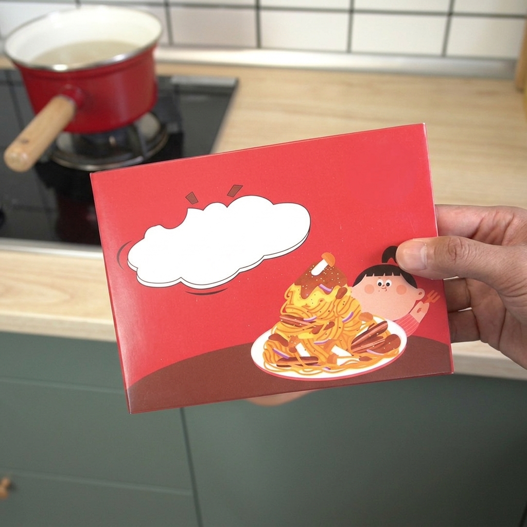 Une main tenant une boîte rouge de spaghetti au bœuf au poivre noir pré-emballés devant un plan de travail de cuisine.