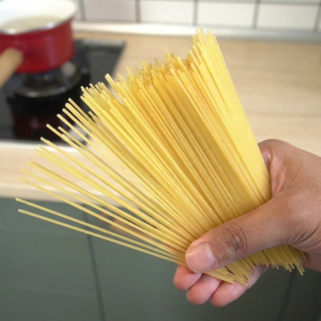 Une main plongeant un faisceau de spaghetti secs dans une casserole rouge deau bouillante.