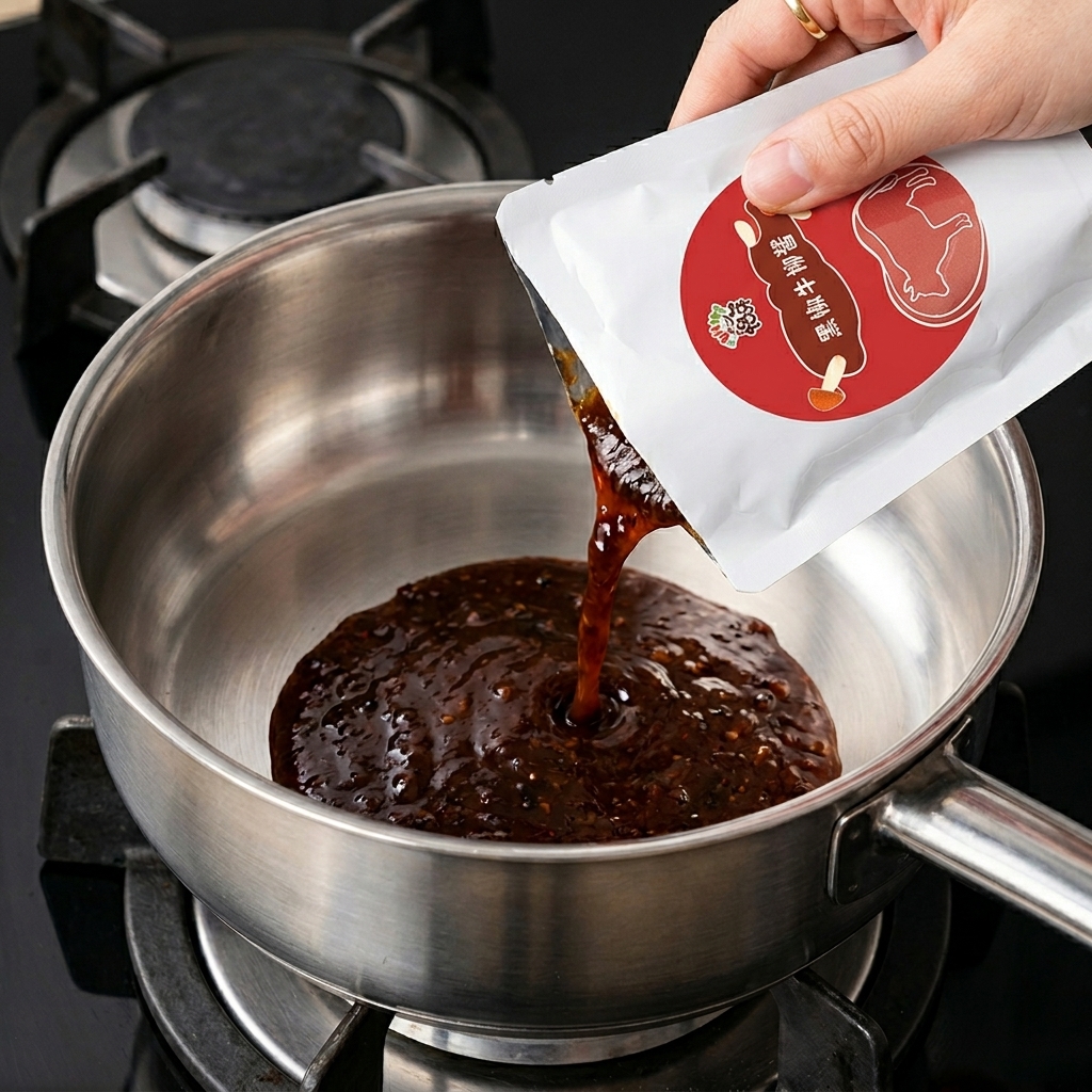 Sauce épaisse brun foncé au bœuf et poivre noir versée dun sachet blanc dans une poêle en acier inoxydable.