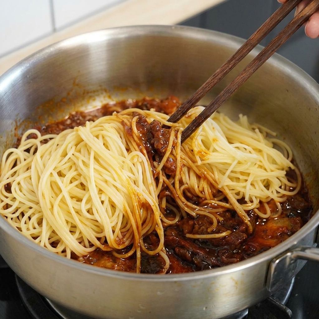 Baguettes en bois mélangeant les spaghetti chauds et la sauce au bœuf dans une poêle en acier inoxydable.