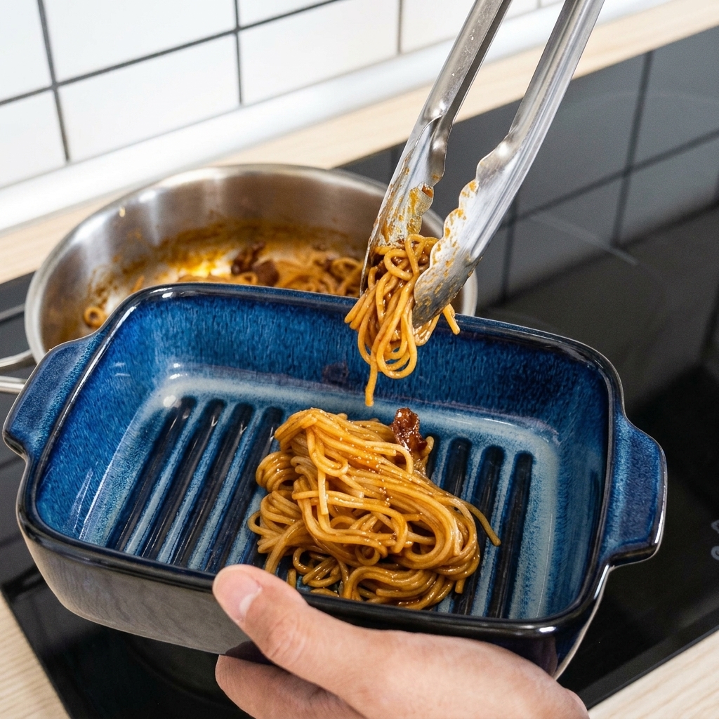 Pince métallique transférant les spaghetti en sauce dans un plat à gratin en céramique bleu foncé.