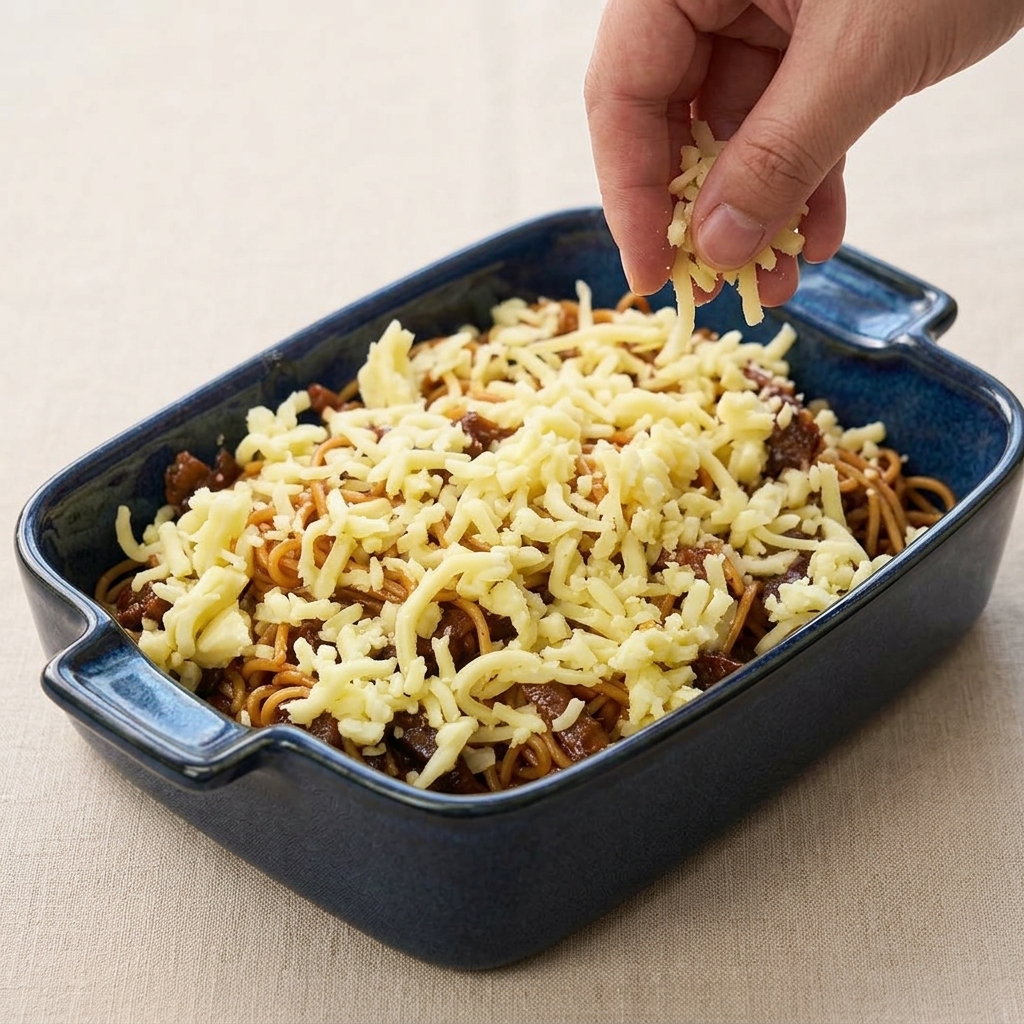 Une main saupoudrant du fromage râpé jaune pâle sur un plat bleu rempli de spaghetti au bœuf.