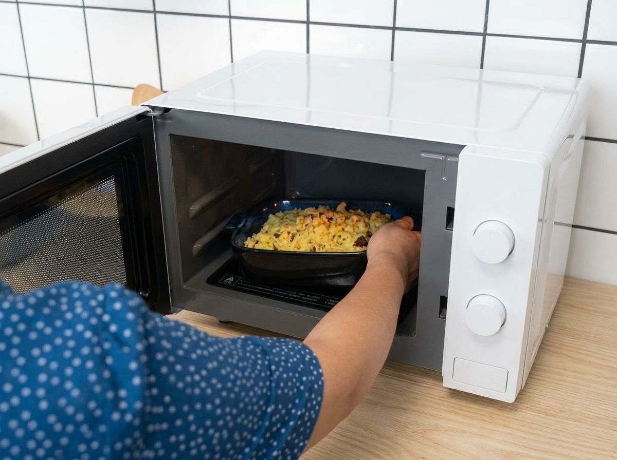 Une personne plaçant un plat en céramique rempli de spaghetti au fromage dans un micro-ondes blanc ouvert.