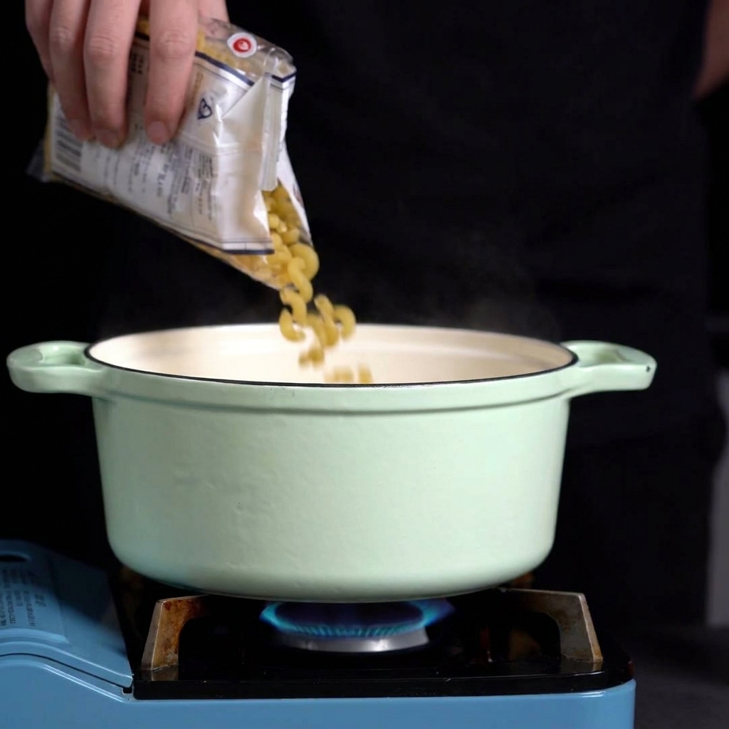 Main versant des macaronis secs dun sachet plastique dans une casserole deau bouillante.