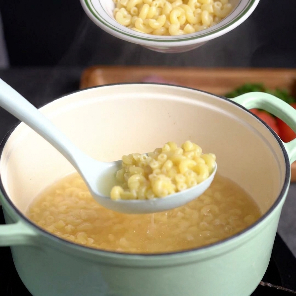 Une écumoire blanche soulevant des macaronis cuits et rebondis hors dune casserole deau chaude.