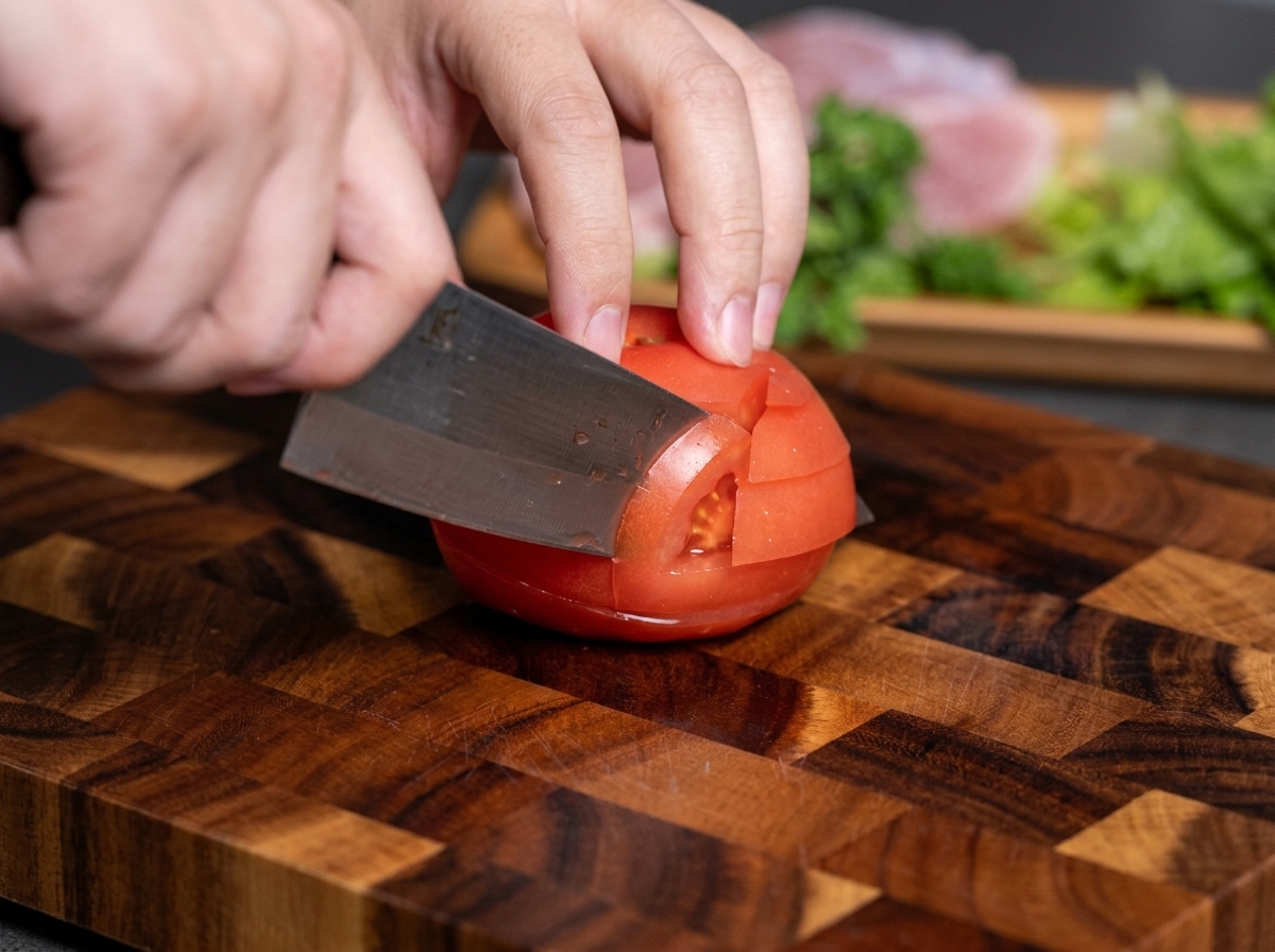Mains utilisant un couperet pour détailler une tomate rouge fraîche en dés sur une planche en bois.